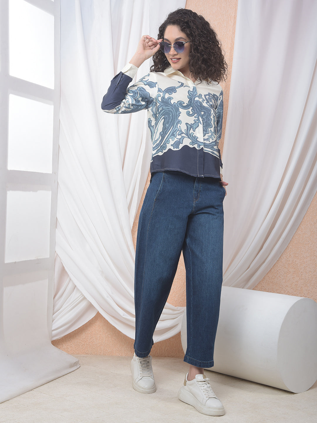 Azure Blossom Print Shirt-Women Shirts-Crimsoune Club