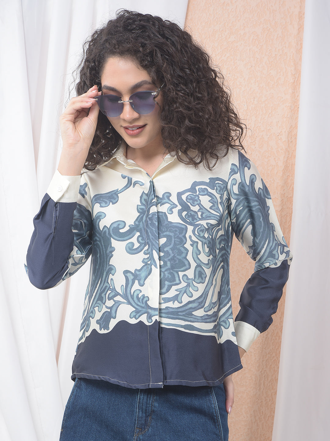 Azure Blossom Print Shirt-Women Shirts-Crimsoune Club
