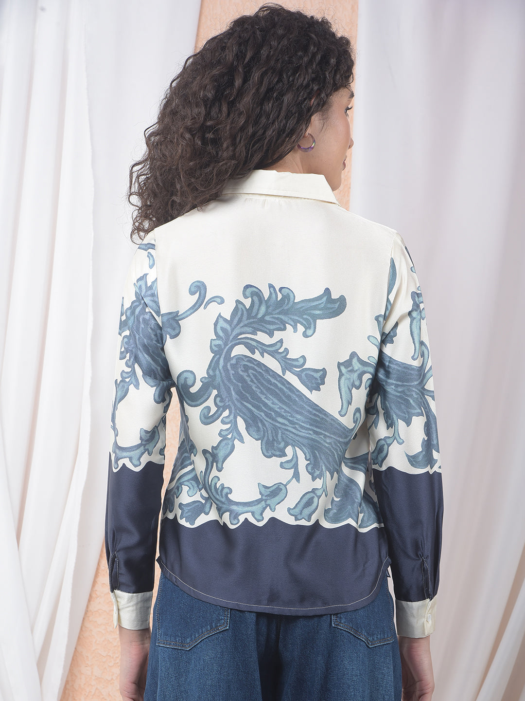 Azure Blossom Print Shirt-Women Shirts-Crimsoune Club