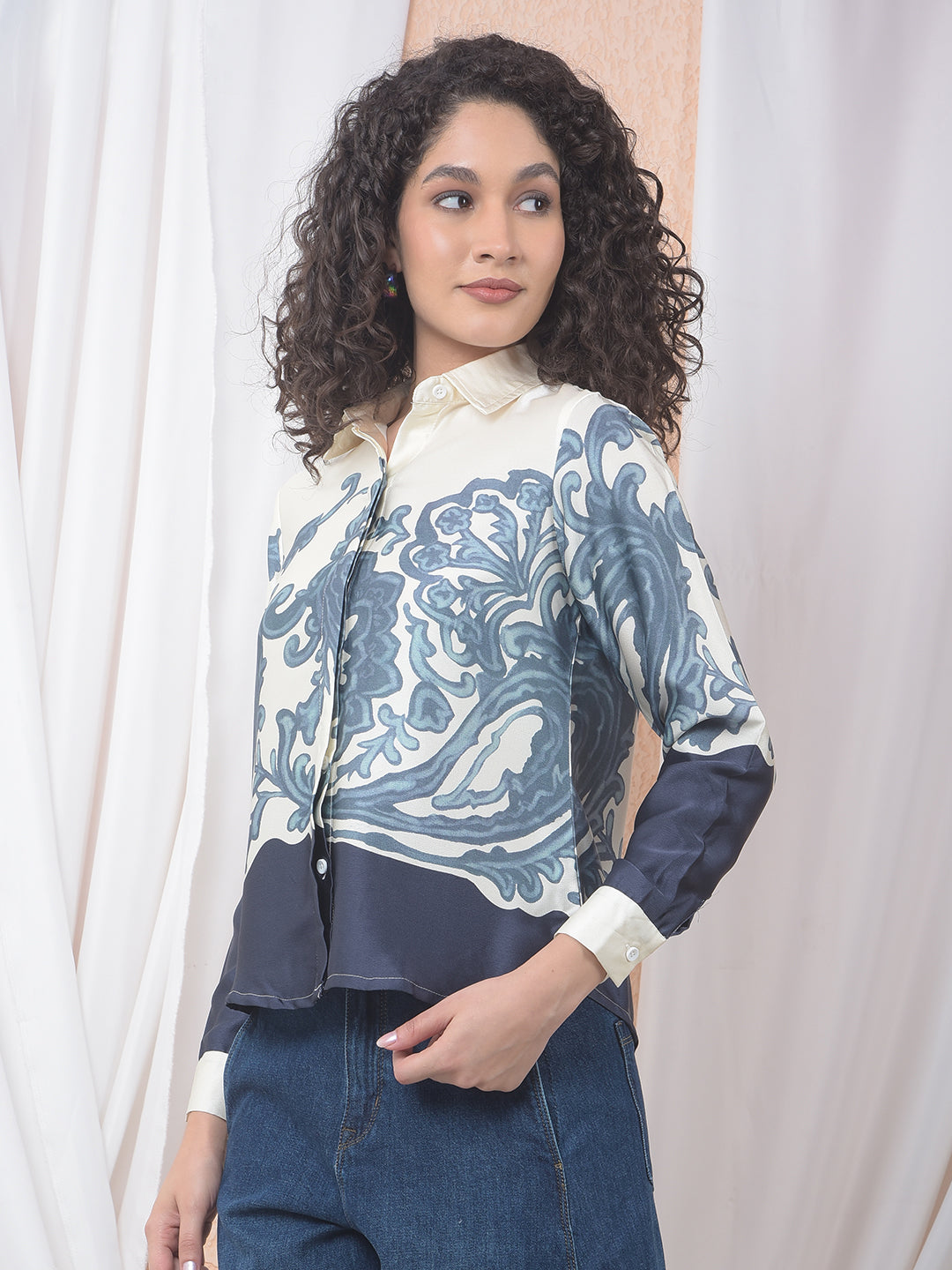 Azure Blossom Print Shirt-Women Shirts-Crimsoune Club