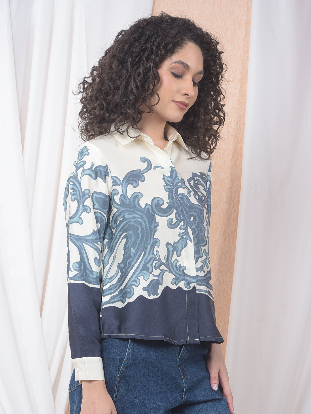 Azure Blossom Print Shirt-Women Shirts-Crimsoune Club