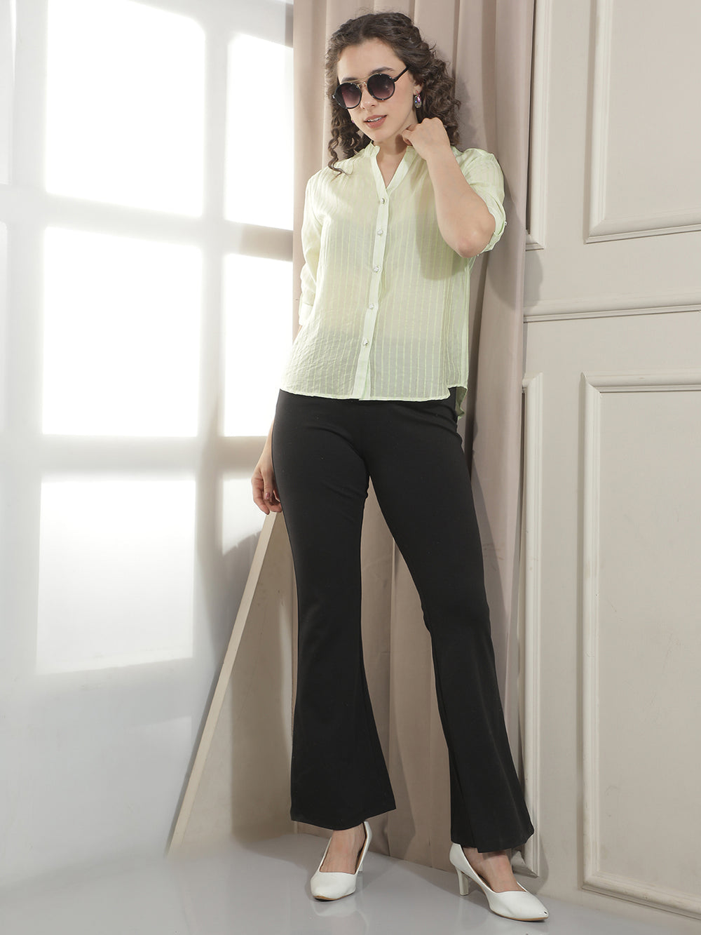 Green Vertical Striped Shirt-Women Shirts-Crimsoune Club