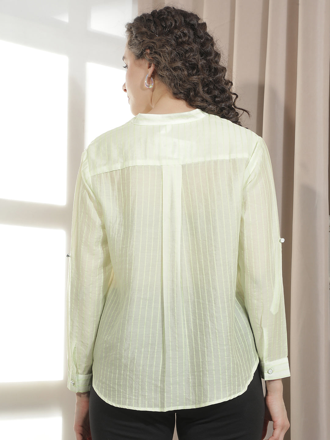 Green Vertical Striped Shirt-Women Shirts-Crimsoune Club