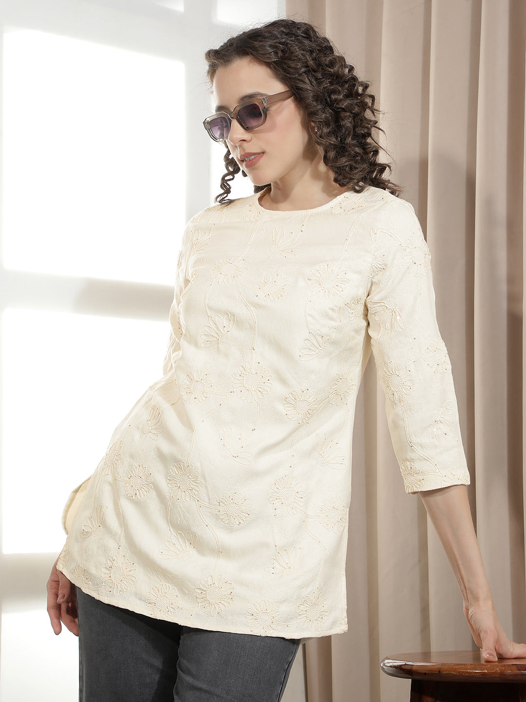 Regal Cream Embroidered Kurta-Women Kurtas-Crimsoune Club