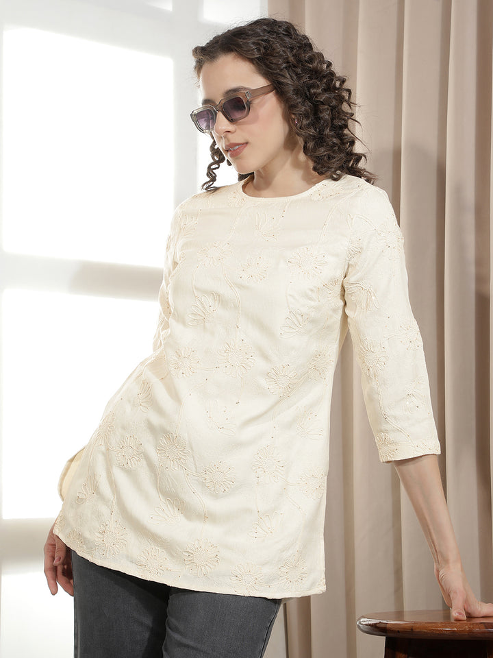 Regal Cream Embroidered Kurta-Women Kurtas-Crimsoune Club