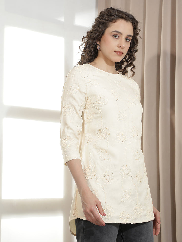 Regal Cream Embroidered Kurta-Women Kurtas-Crimsoune Club