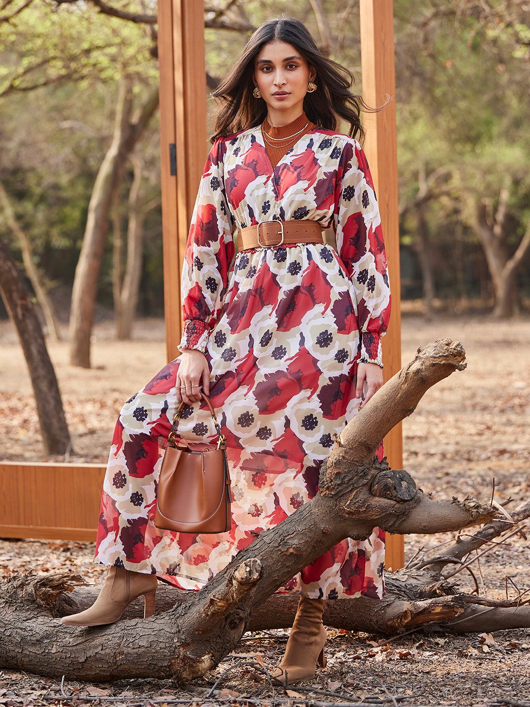 Red Floral Print V-Neck Dress-Women Dresses-Crimsoune Club