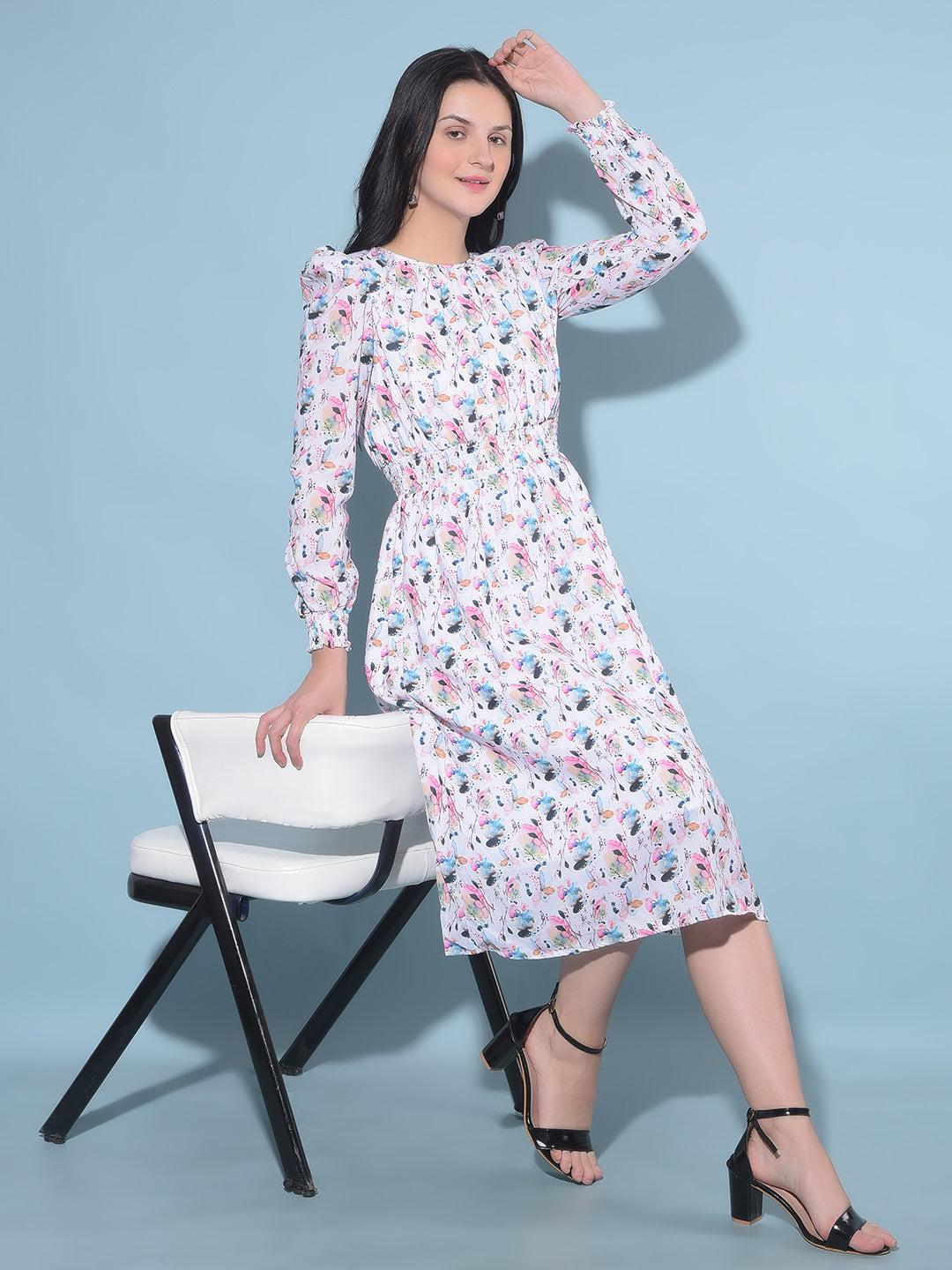 Multi Color Floral Print A-Line Dress Crimsoune Club Multi Color Floral Print A-Line Dress Crimsoune Club