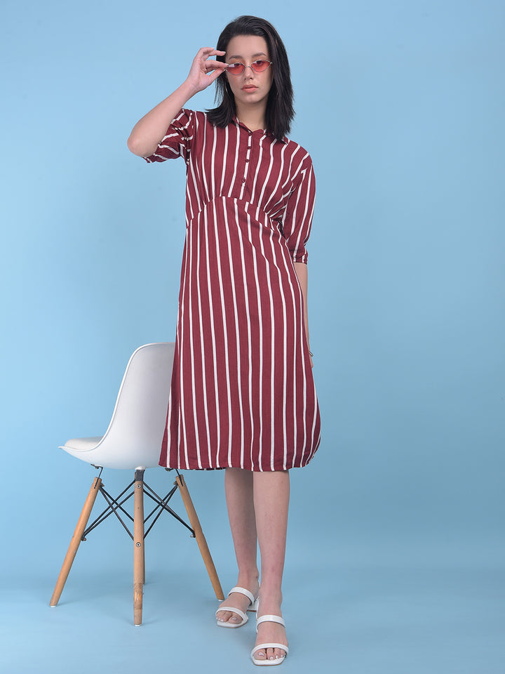 Maroon Vertical Striped A-Line Dress-Women Dresses-Crimsoune Club