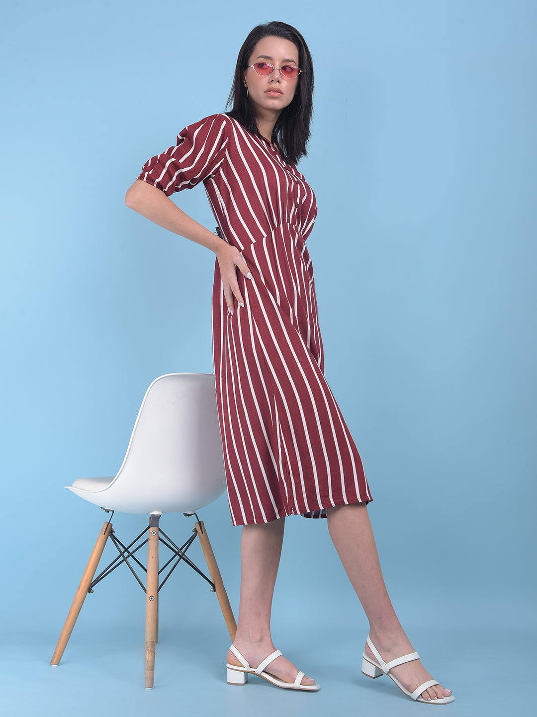 Maroon Vertical Striped A-Line Dress-Women Dresses-Crimsoune Club
