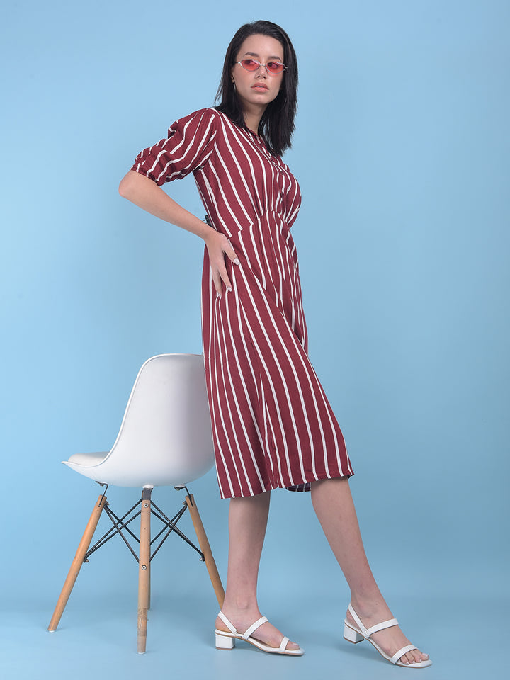 Maroon Vertical Striped A-Line Dress-Women Dresses-Crimsoune Club