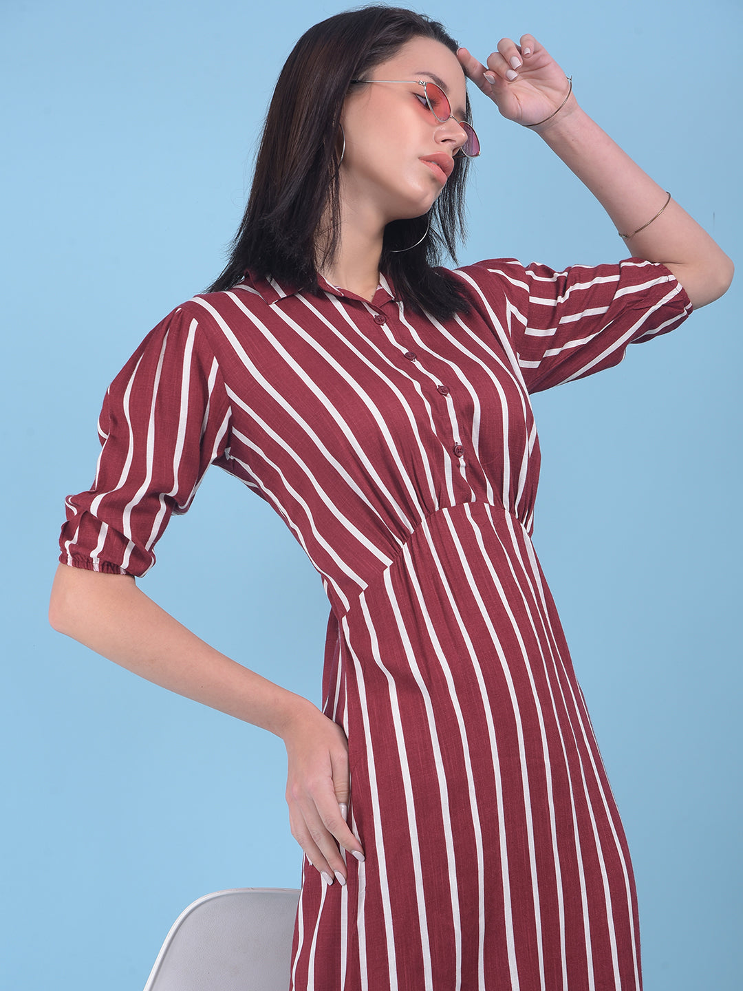 Maroon Vertical Striped A-Line Dress-Women Dresses-Crimsoune Club