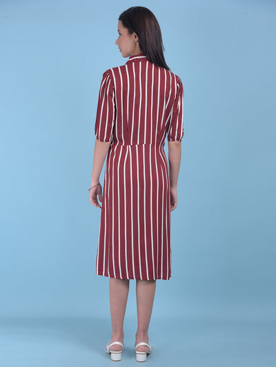 Maroon Vertical Striped A-Line Dress-Women Dresses-Crimsoune Club