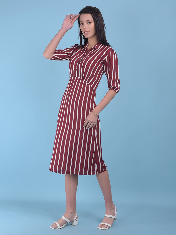 Maroon Vertical Striped A-Line Dress-Women Dresses-Crimsoune Club