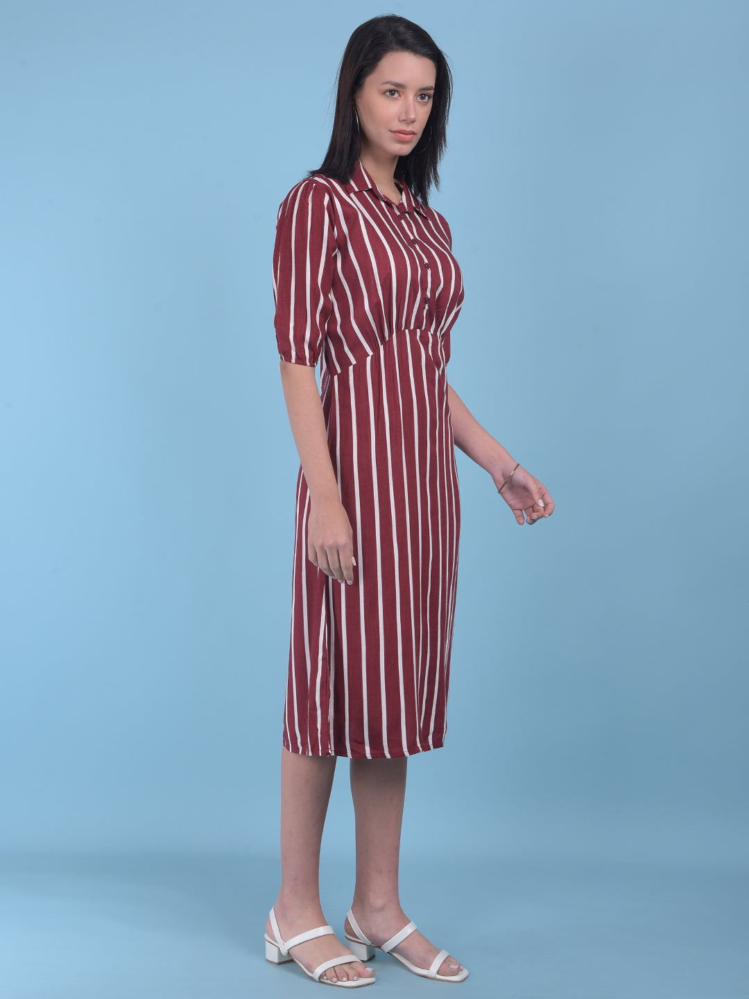 Maroon Vertical Striped A-Line Dress-Women Dresses-Crimsoune Club