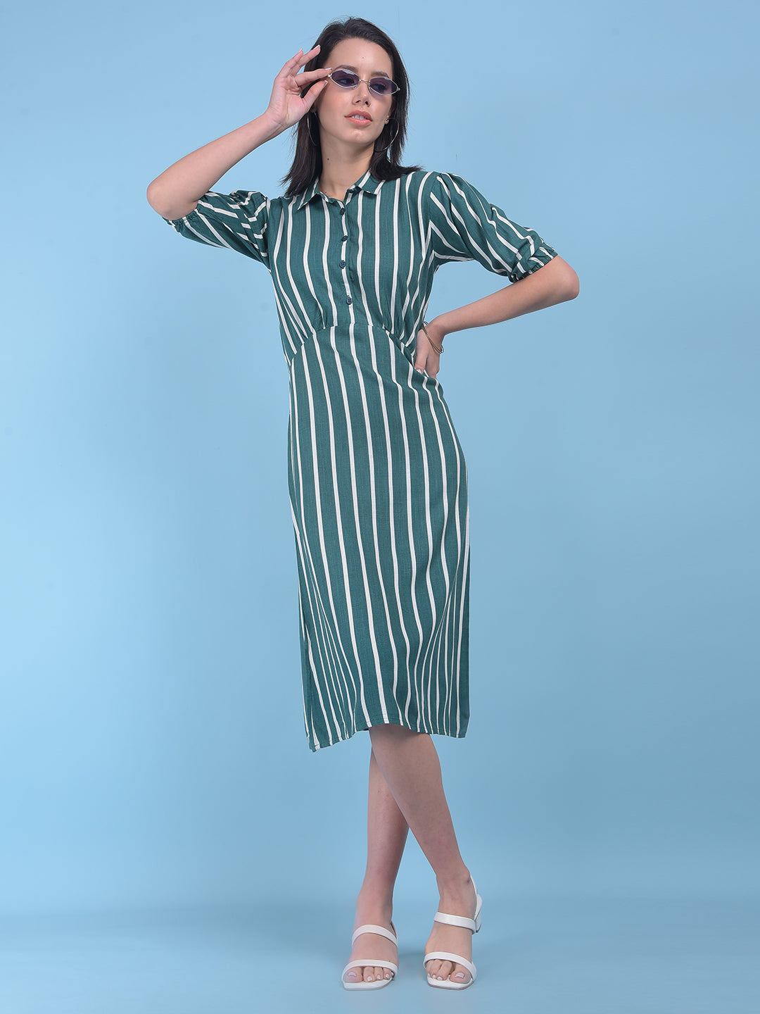 Green Vertical Striped A-Line Dress-Women Dresses-Crimsoune Club
