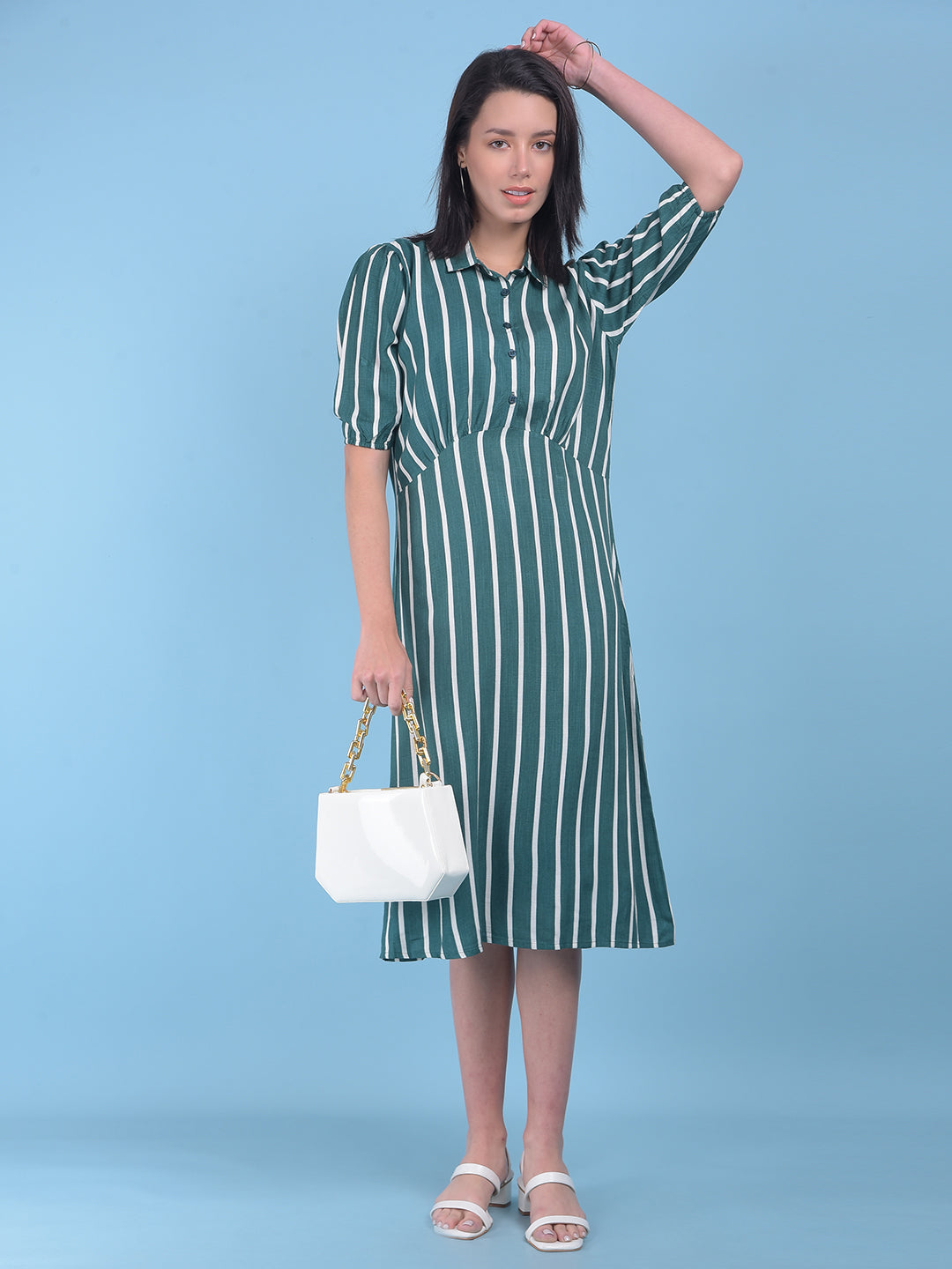 Green Vertical Striped A-Line Dress-Women Dresses-Crimsoune Club