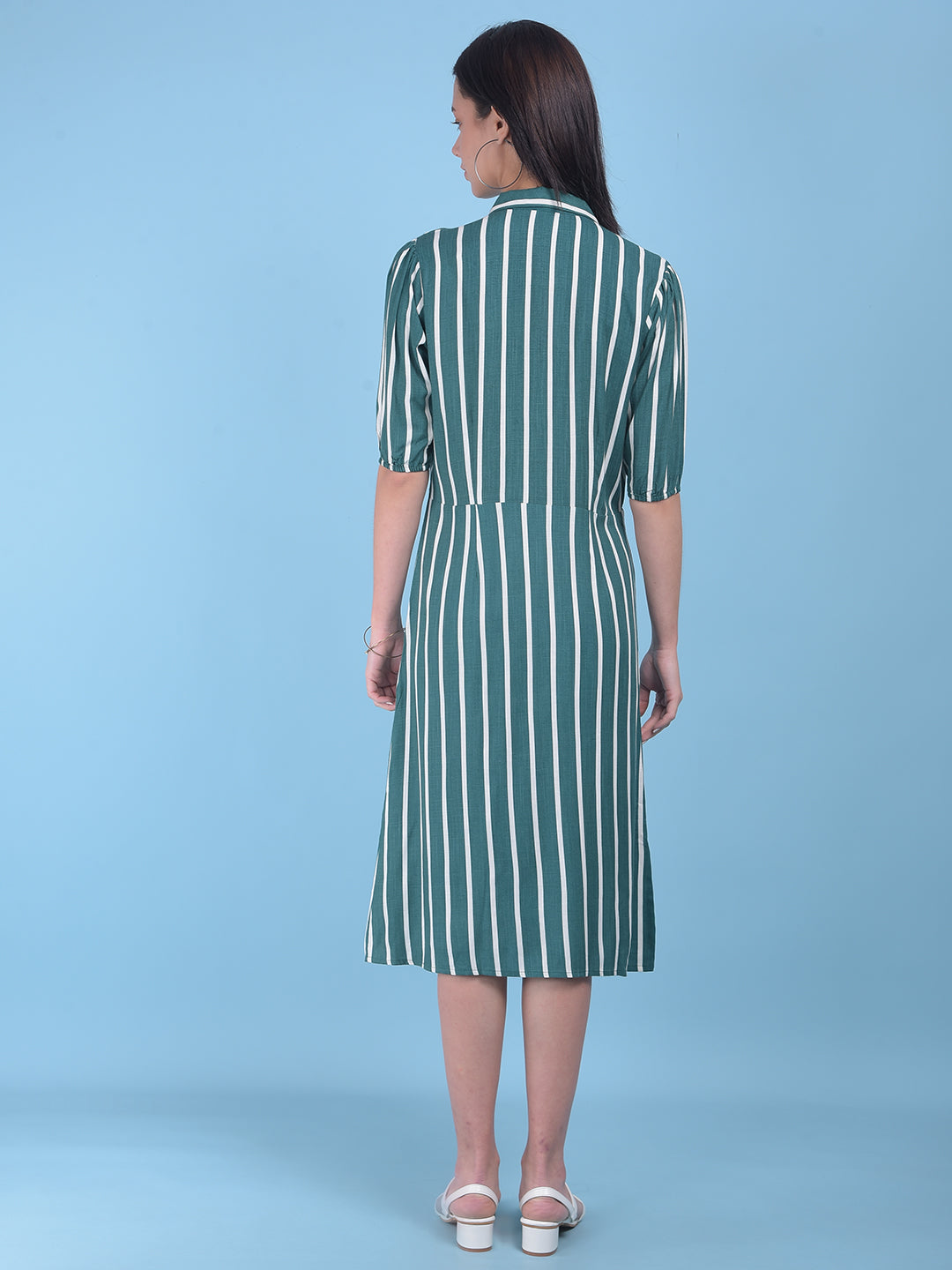 Green Vertical Striped A-Line Dress-Women Dresses-Crimsoune Club