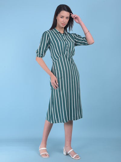 Green Vertical Striped A-Line Dress-Women Dresses-Crimsoune Club