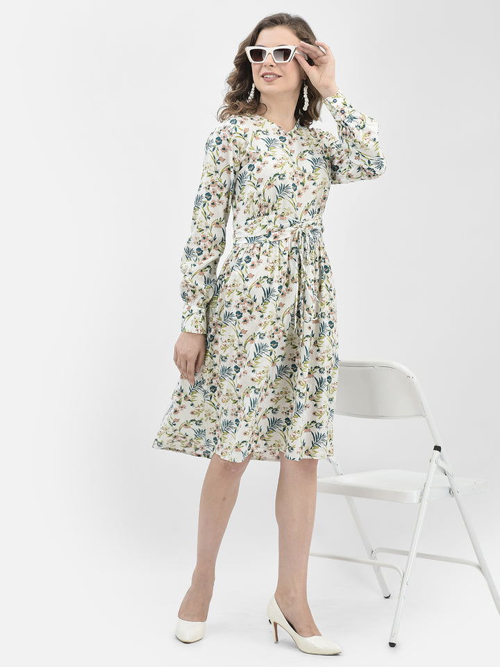 White Floral Print A-Line Dress-Women Dresses-Crimsoune Club