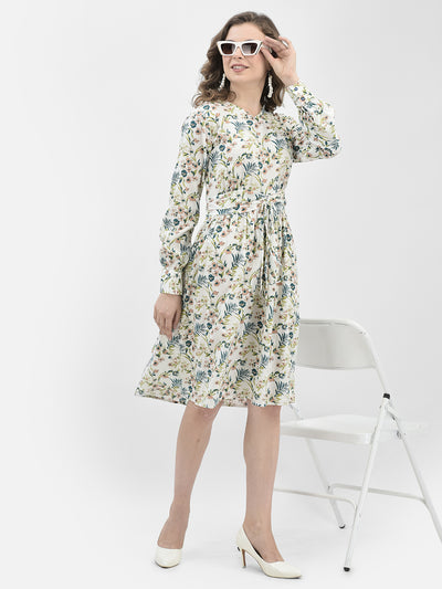 White Floral Print A-Line Dress-Women Dresses-Crimsoune Club