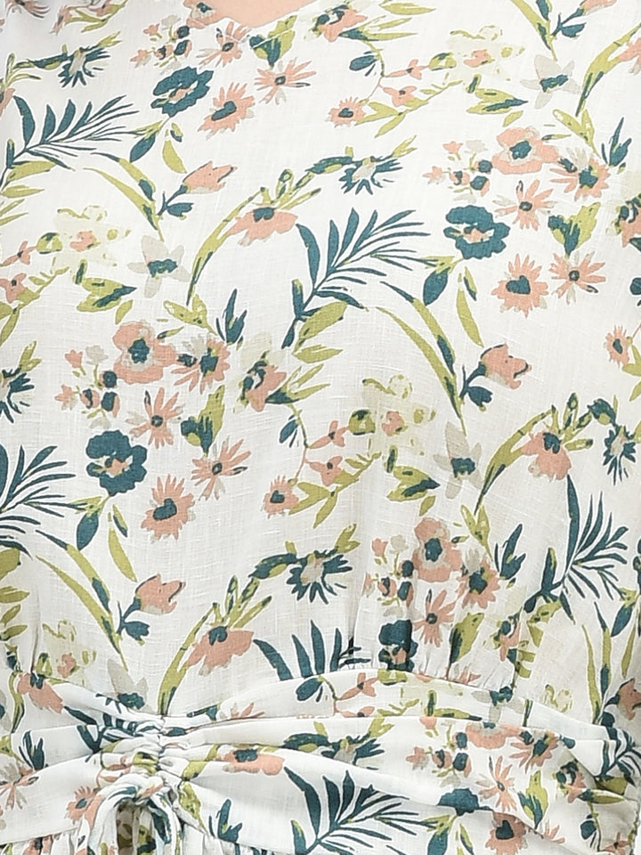 White Floral Print A-Line Dress-Women Dresses-Crimsoune Club