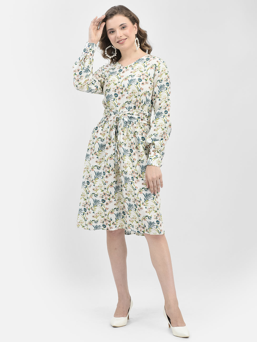 White Floral Print A-Line Dress-Women Dresses-Crimsoune Club