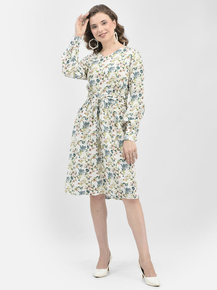 White Floral Print A-Line Dress-Women Dresses-Crimsoune Club