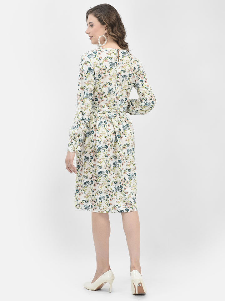 White Floral Print A-Line Dress-Women Dresses-Crimsoune Club