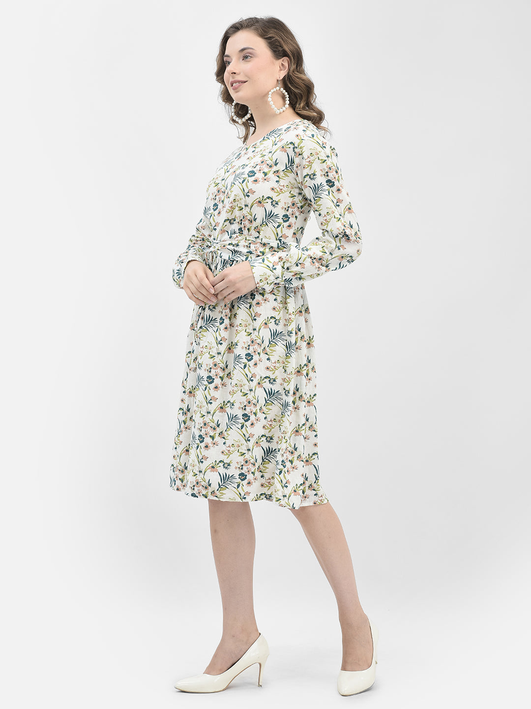 White Floral Print A-Line Dress-Women Dresses-Crimsoune Club