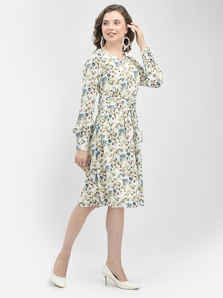 White Floral Print A-Line Dress-Women Dresses-Crimsoune Club