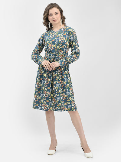 Blue Floral Print A-Line Dress-Women Dresses-Crimsoune Club