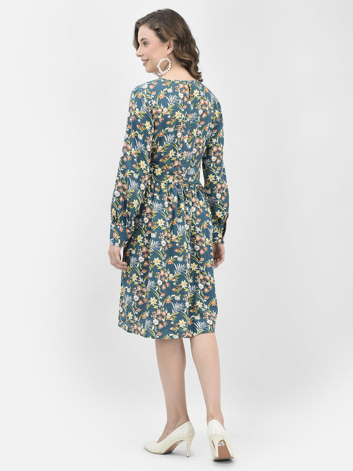Blue Floral Print A-Line Dress-Women Dresses-Crimsoune Club