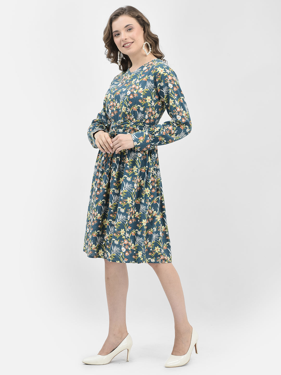 Blue Floral Print A-Line Dress-Women Dresses-Crimsoune Club