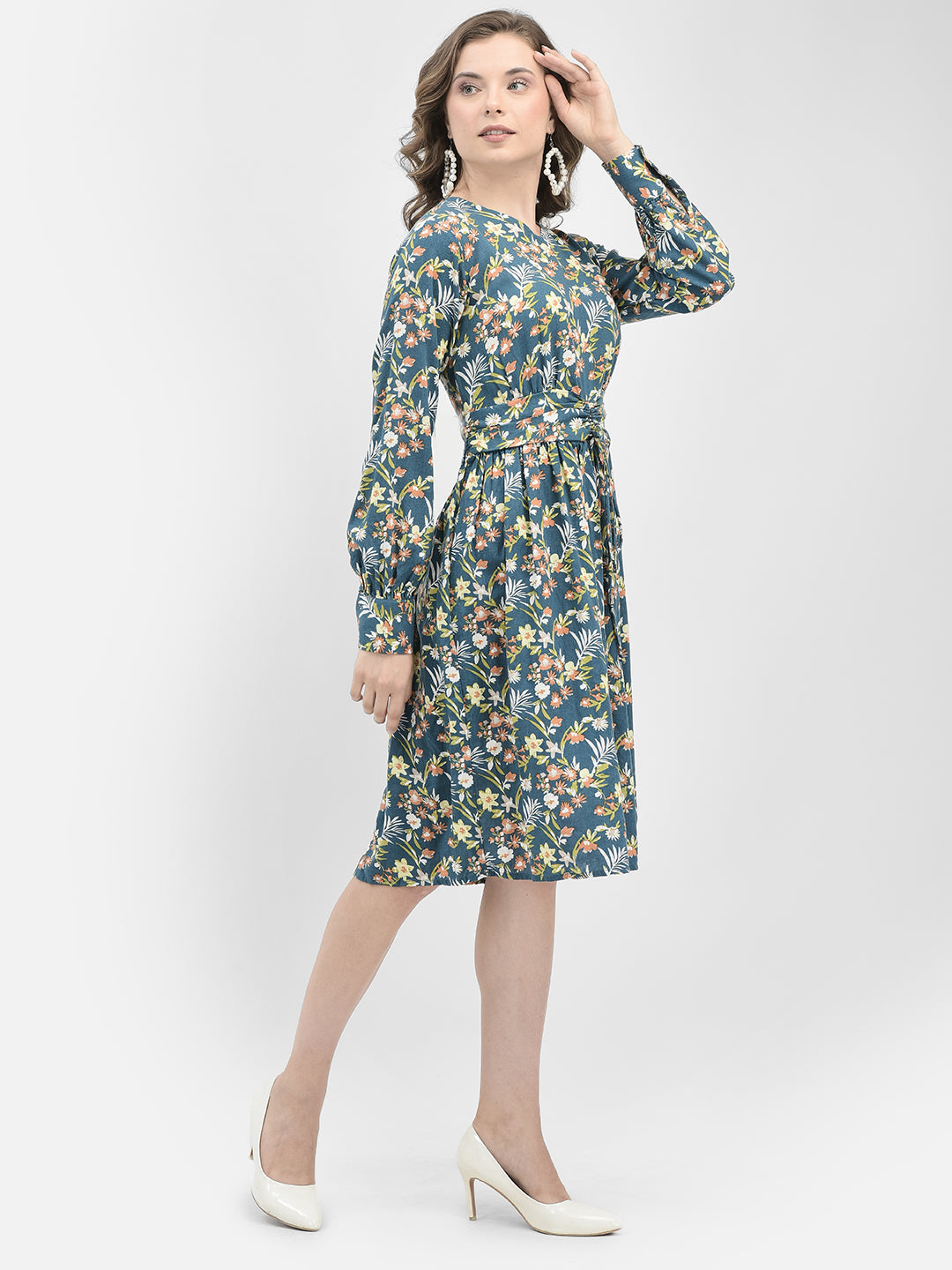 Blue Floral Print A-Line Dress-Women Dresses-Crimsoune Club