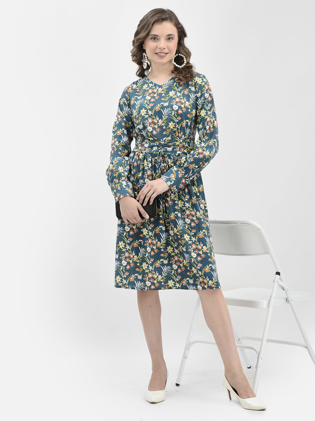 Blue Floral Print A-Line Dress-Women Dresses-Crimsoune Club