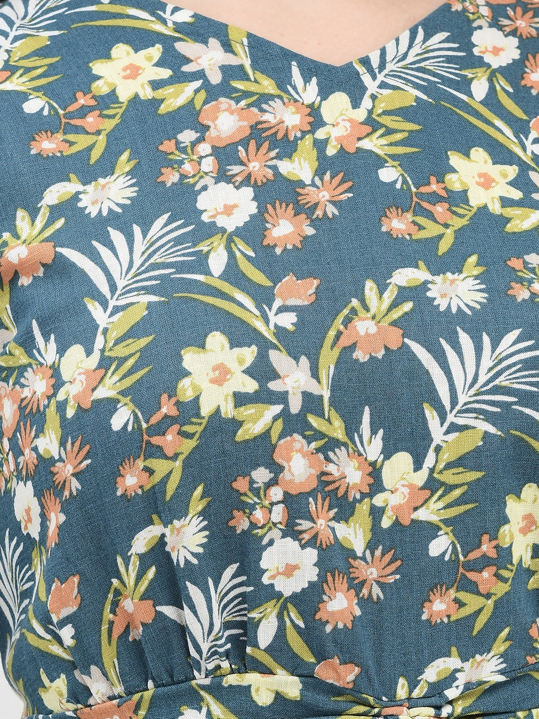 Blue Floral Print A-Line Dress-Women Dresses-Crimsoune Club