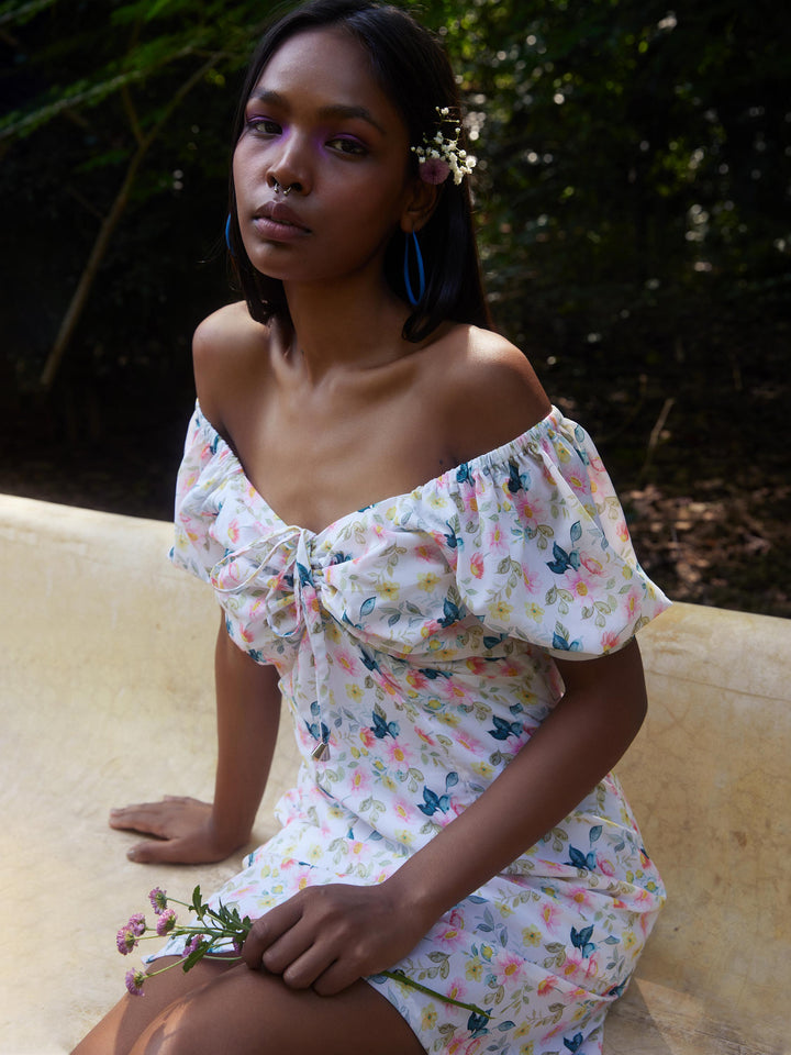 White Floral Mini Dress-Women Dresses-Crimsoune Club