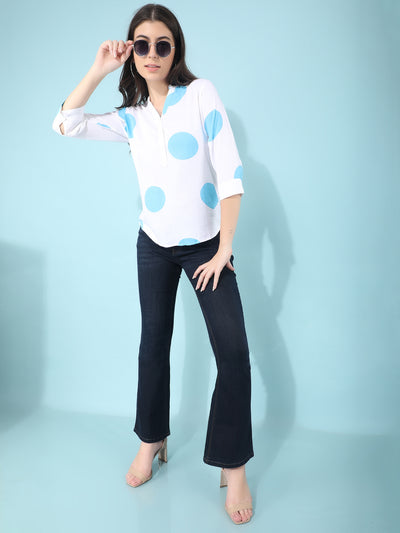 Blue Polka Dots Linen Top-Women Tops-Crimsoune Club