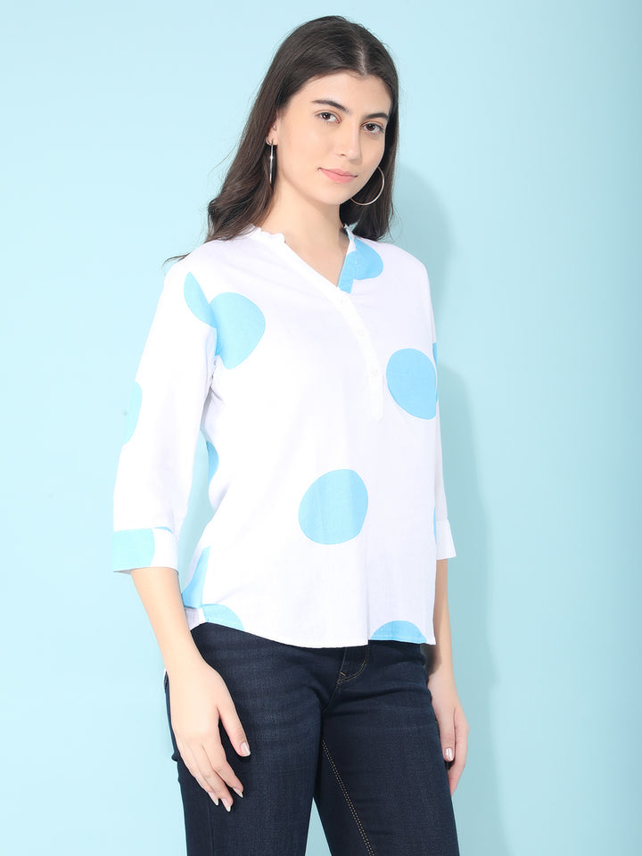 Blue Polka Dots Linen Top-Women Tops-Crimsoune Club