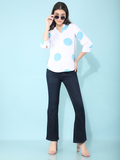 Blue Polka Dots Linen Top-Women Tops-Crimsoune Club
