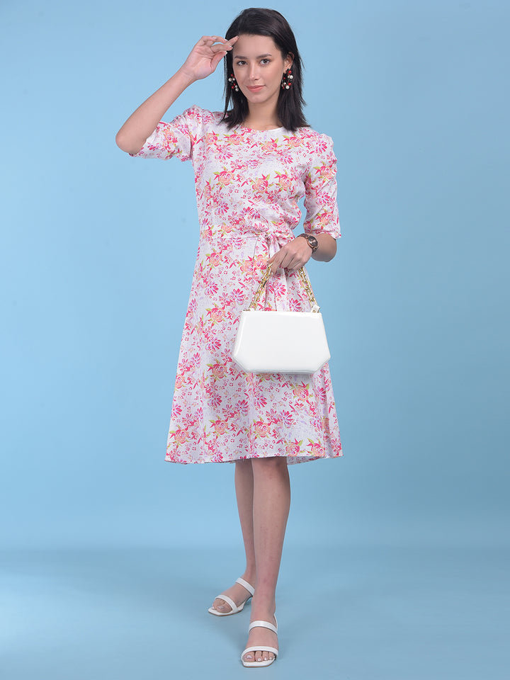White Floral Print A-Line Dress-Women Dresses-Crimsoune Club