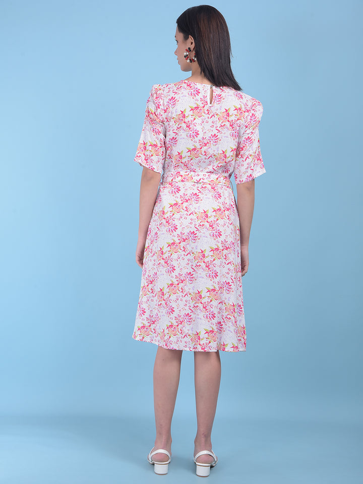 White Floral Print A-Line Dress-Women Dresses-Crimsoune Club