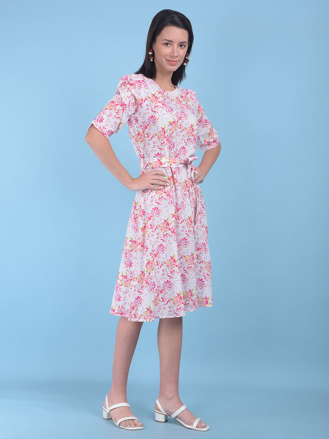 White Floral Print A-Line Dress-Women Dresses-Crimsoune Club