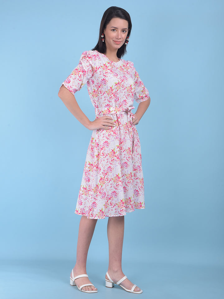 White Floral Print A-Line Dress-Women Dresses-Crimsoune Club