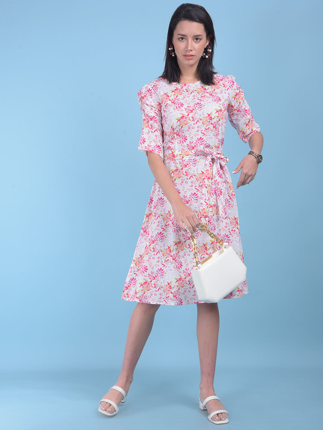 White Floral Print A-Line Dress-Women Dresses-Crimsoune Club