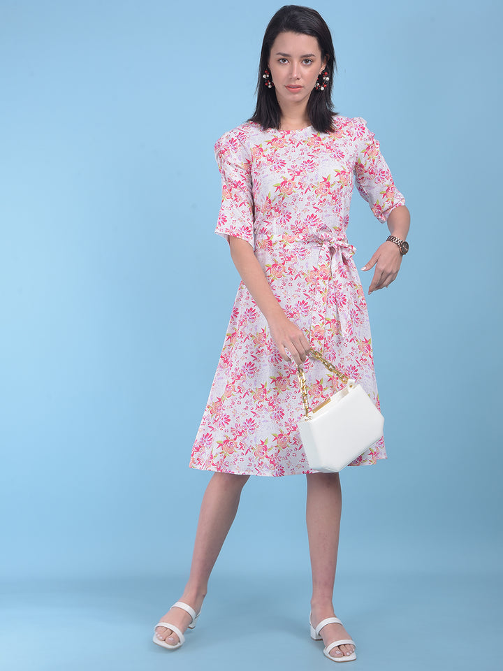 White Floral Print A-Line Dress-Women Dresses-Crimsoune Club