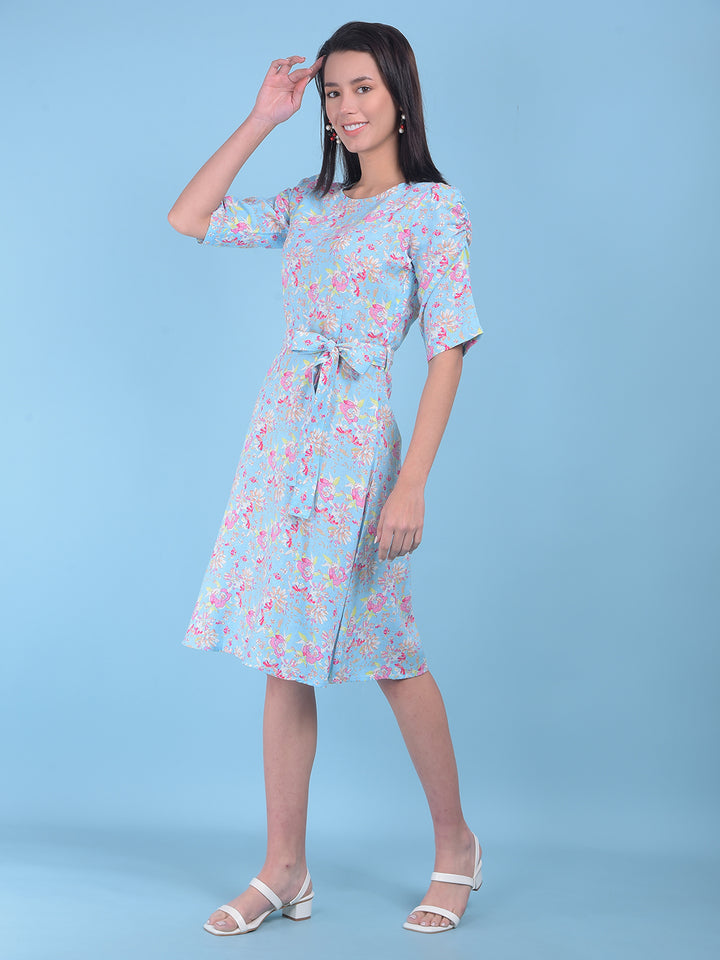 Blue Floral Print A-Line Dress-Women Dresses-Crimsoune Club