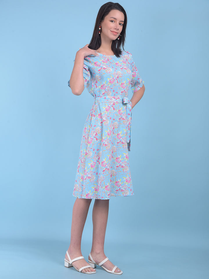 Blue Floral Print A-Line Dress-Women Dresses-Crimsoune Club
