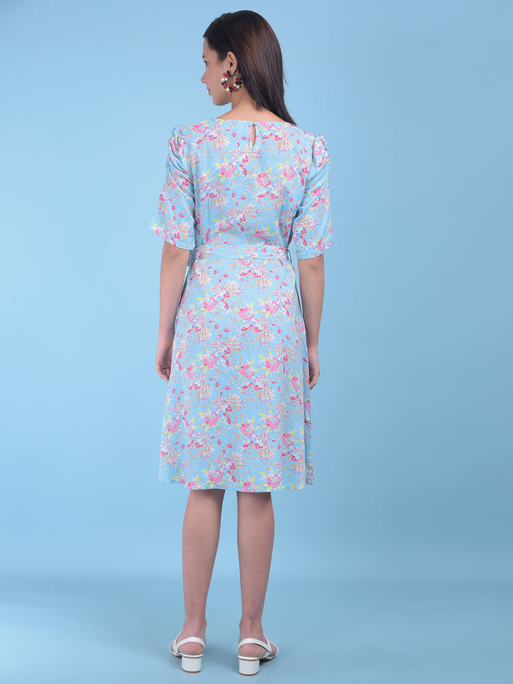 Blue Floral Print A-Line Dress-Women Dresses-Crimsoune Club